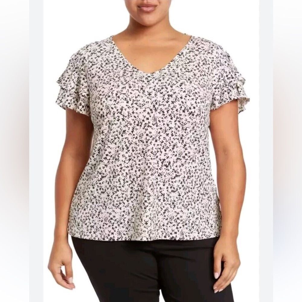 Adrianna Pappell Womens 1X Plus White Black Pink Floral Crepe Top Blouse